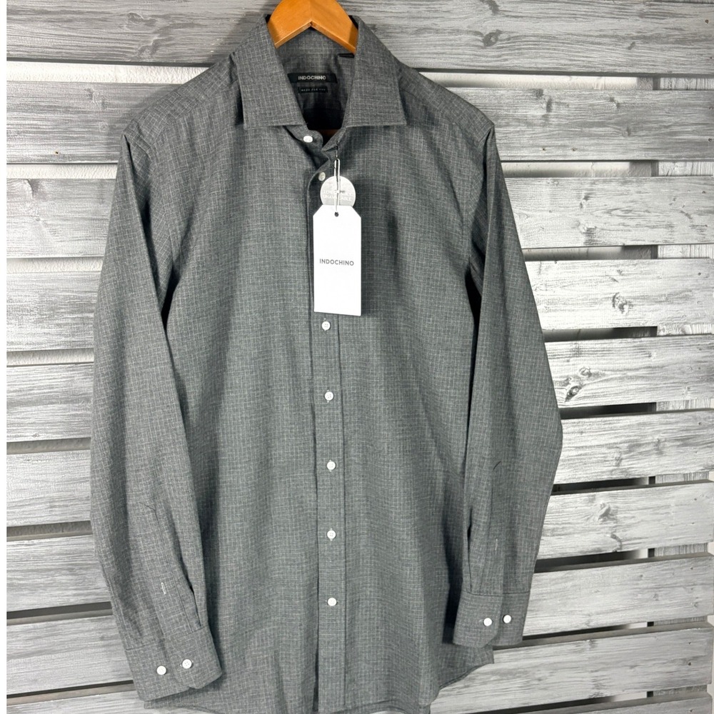 Indochino Shirt Mens Small Gray Check Cotton Wool Blend Dress Shirt Flannel NEW